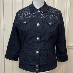 Chico's Platinum Beaded silver stitching Dark Blue Denim Jean Jacket